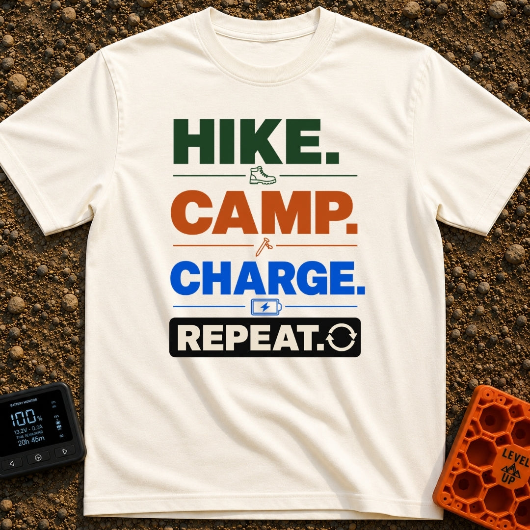 Hike Camp Charge Repeat - T-Shirt in Ivory - A typographic design stacking the words "HIKE.", "CAMP.", "CHARGE.", and...