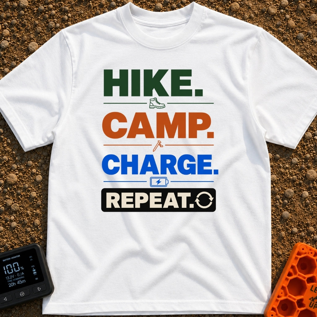 Hike Camp Charge Repeat - T-Shirt in White - A typographic design stacking the words "HIKE.", "CAMP.", "CHARGE.", and...