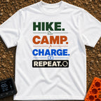 Hike Camp Charge Repeat - T-Shirt in White - A typographic design stacking the words "HIKE.", "CAMP.", "CHARGE.", and...