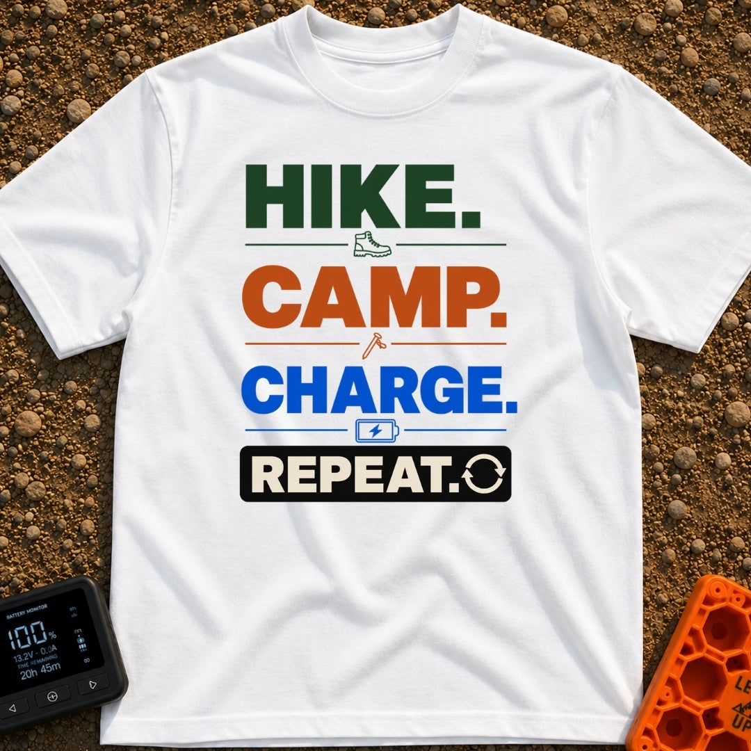 Hike Camp Charge Repeat - T-Shirt in White - A typographic design stacking the words "HIKE.", "CAMP.", "CHARGE.", and...