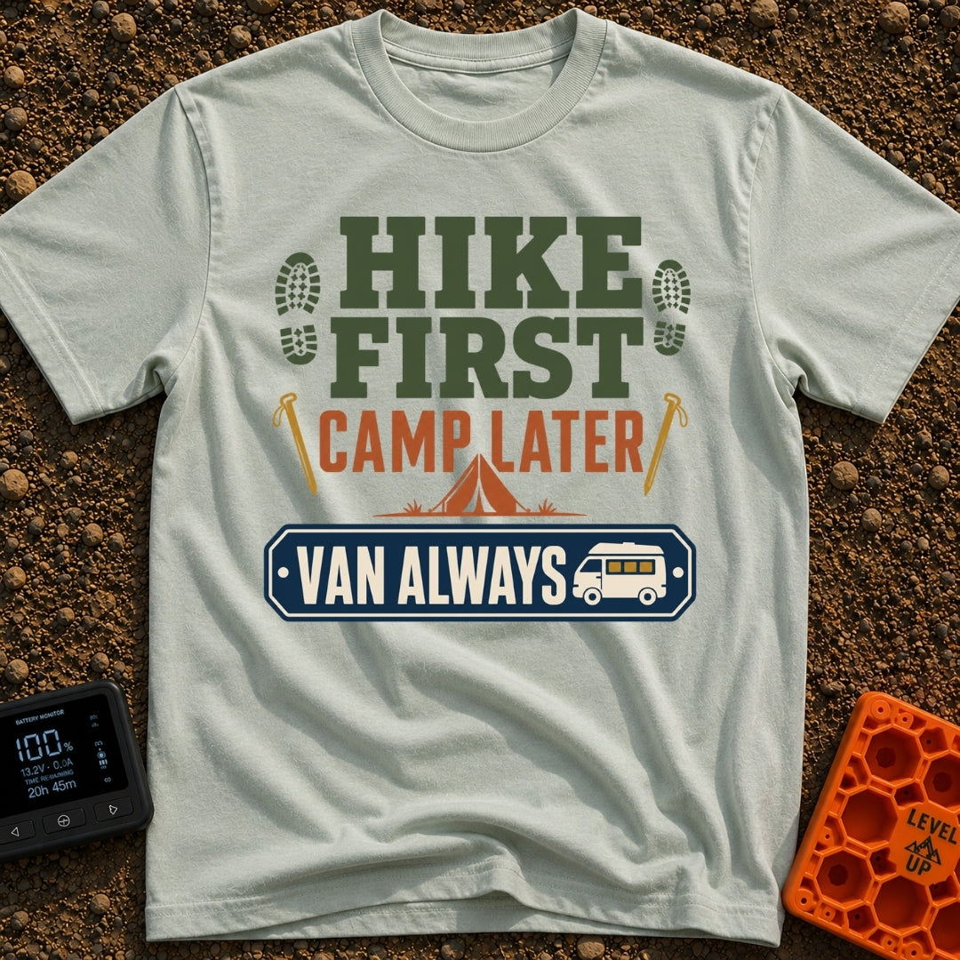 Hike First Van Always - T-Shirt in Bay - A typographic design featuring the words "HIKE FIRST" in green with hiking boot...