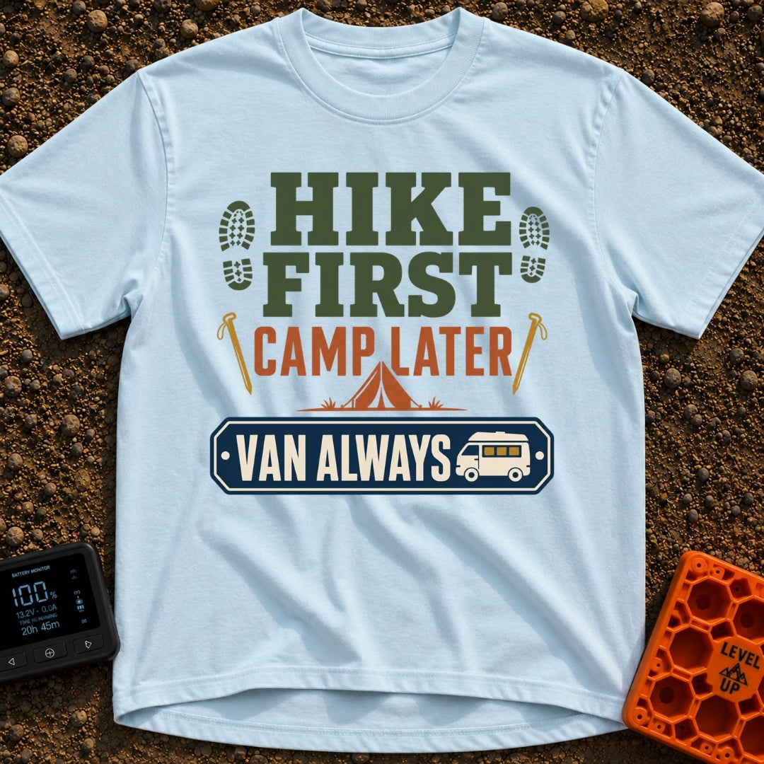 Hike First Van Always - T-Shirt in Chambray - A typographic design featuring the words "HIKE FIRST" in green with hiking...