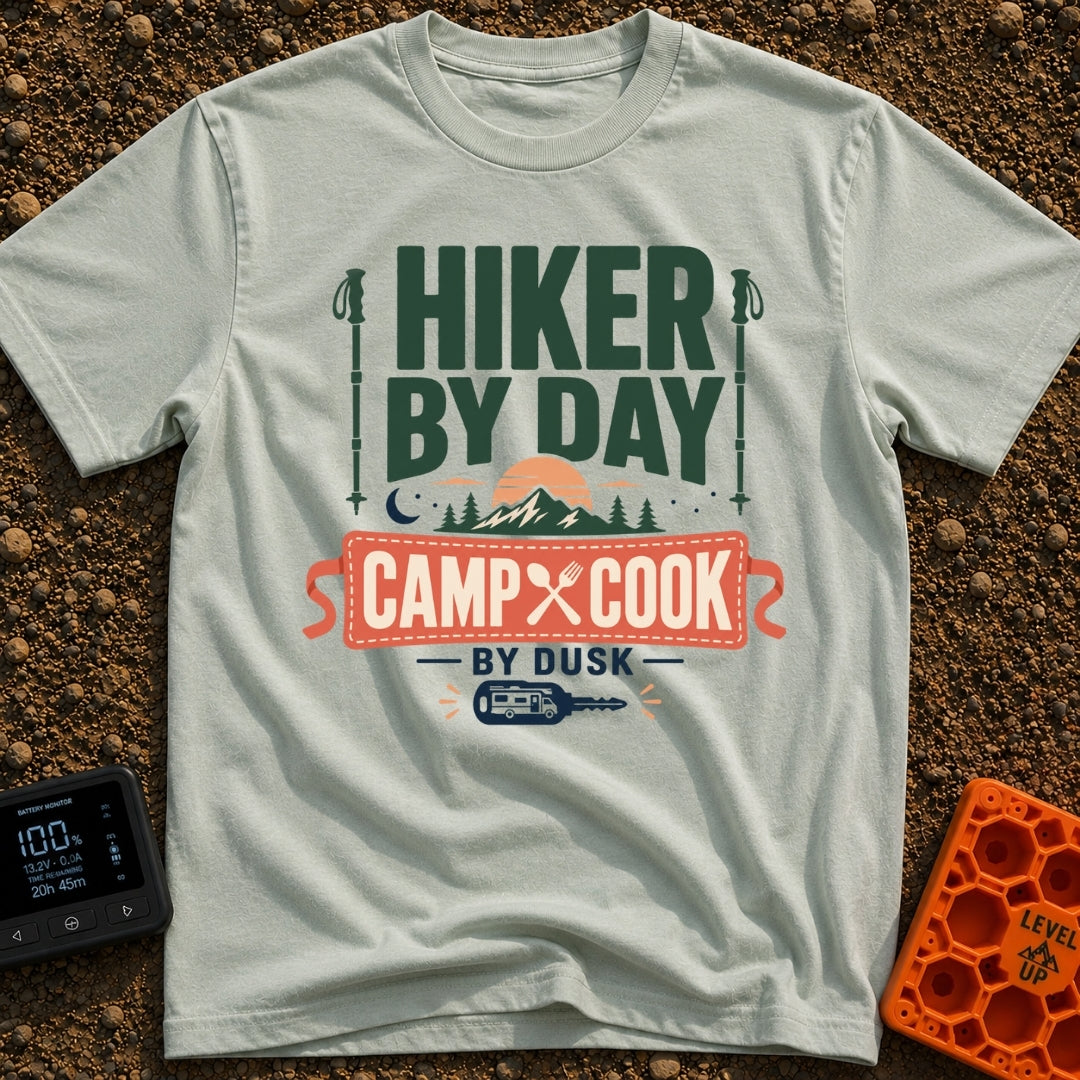From Trail To Table - T-Shirt in Bay - Typographic design reading "Hiker By Day Camp Cook By Dusk" featuring two hiking...