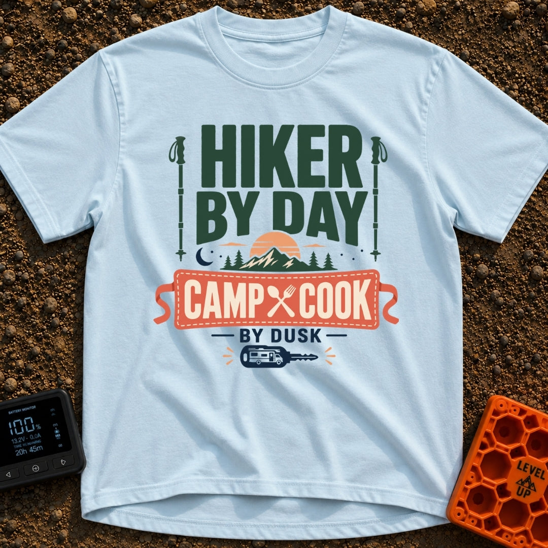 From Trail To Table - T-Shirt in Chambray - Typographic design reading "Hiker By Day Camp Cook By Dusk" featuring two...
