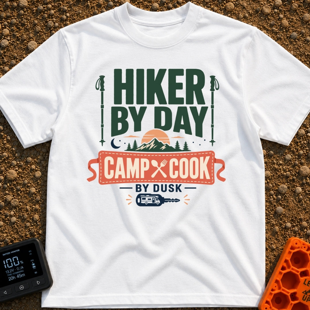 From Trail To Table - T-Shirt in White - Typographic design reading "Hiker By Day Camp Cook By Dusk" featuring two hiking...