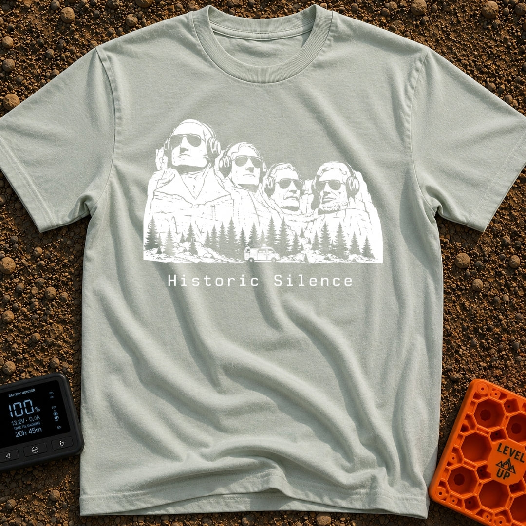 Sound of Historic Silence - T-Shirt in Bay - A black and white illustration of the Mount Rushmore presidents wearing...