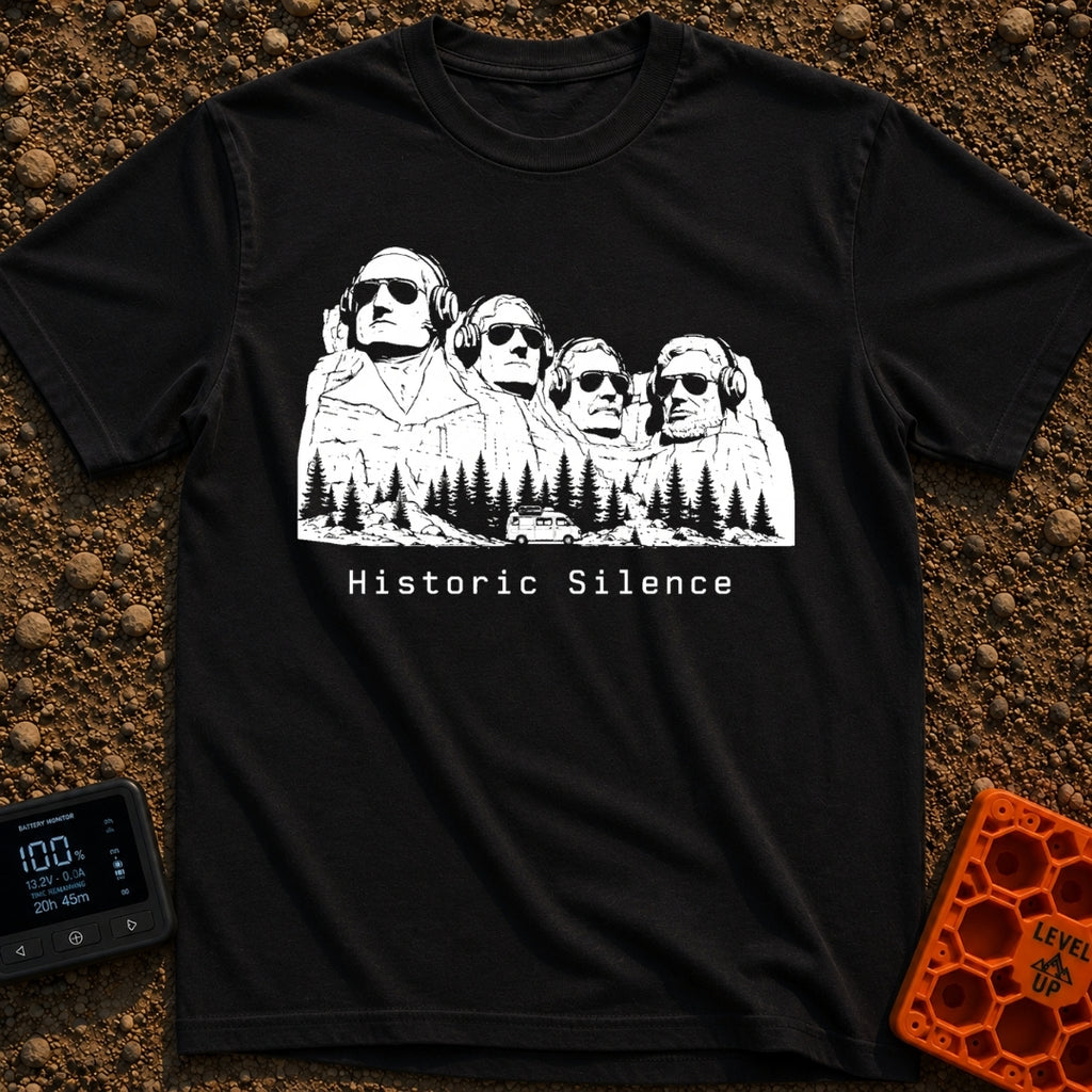 Sound of Historic Silence - T-Shirt in Black - A black and white illustration of the Mount Rushmore presidents wearing...