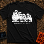 Sound of Historic Silence - T-Shirt in Black - A black and white illustration of the Mount Rushmore presidents wearing...