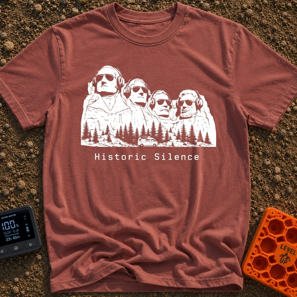 Sound of Historic Silence - T-Shirt in Brick - A black and white illustration of the Mount Rushmore presidents wearing...