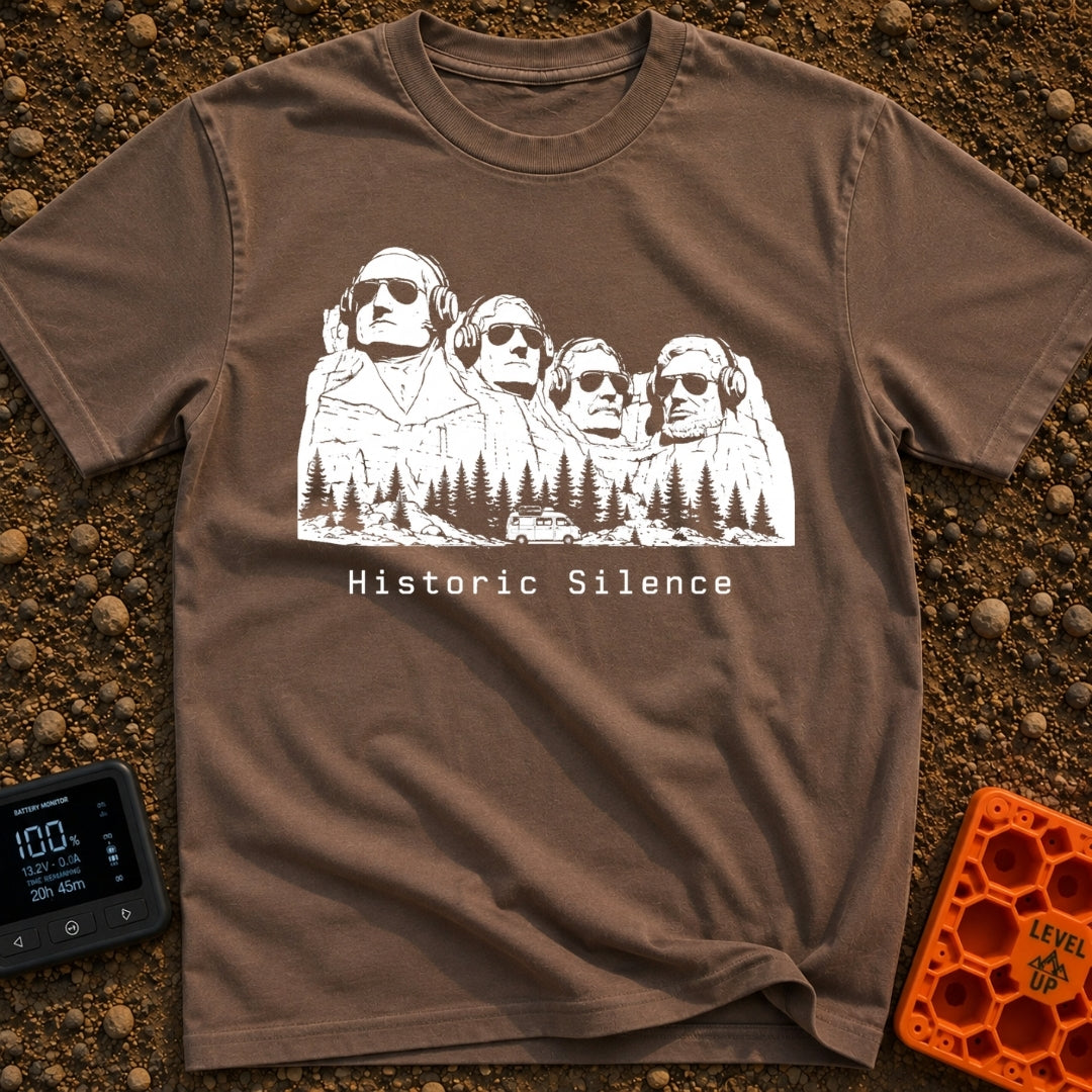 Sound of Historic Silence - T-Shirt in Espresso - A black and white illustration of the Mount Rushmore presidents wearing...