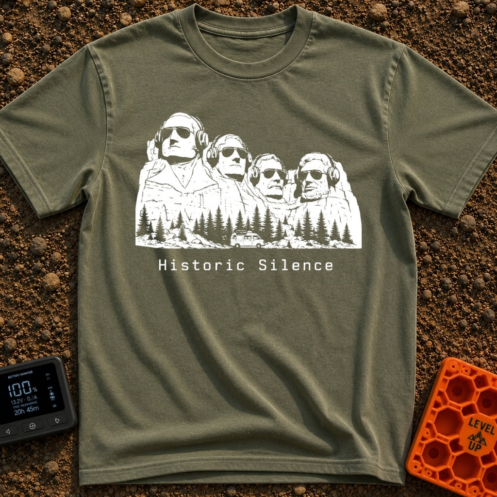 Sound of Historic Silence - T-Shirt in Moss - A black and white illustration of the Mount Rushmore presidents wearing...