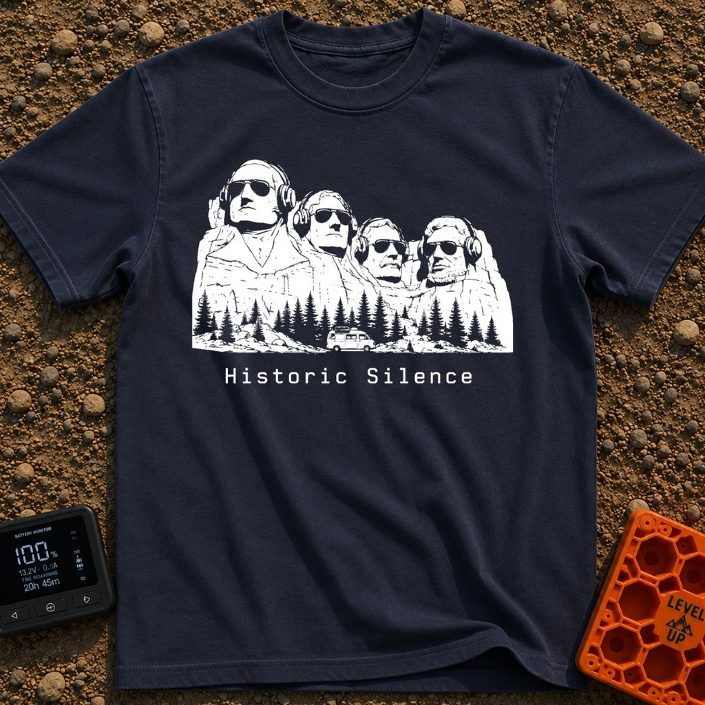 Sound of Historic Silence - T-Shirt in Navy - A black and white illustration of the Mount Rushmore presidents wearing...