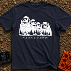 Sound of Historic Silence - T-Shirt in Navy - A black and white illustration of the Mount Rushmore presidents wearing...