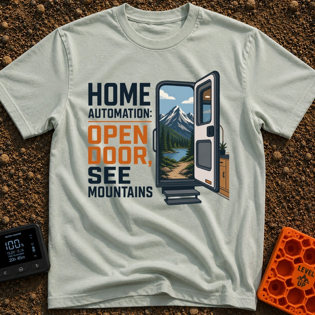 Analog Home Automation - T-Shirt in Bay - The design features the text "HOME AUTOMATION: OPEN DOOR, SEE MOUNTAINS" next...