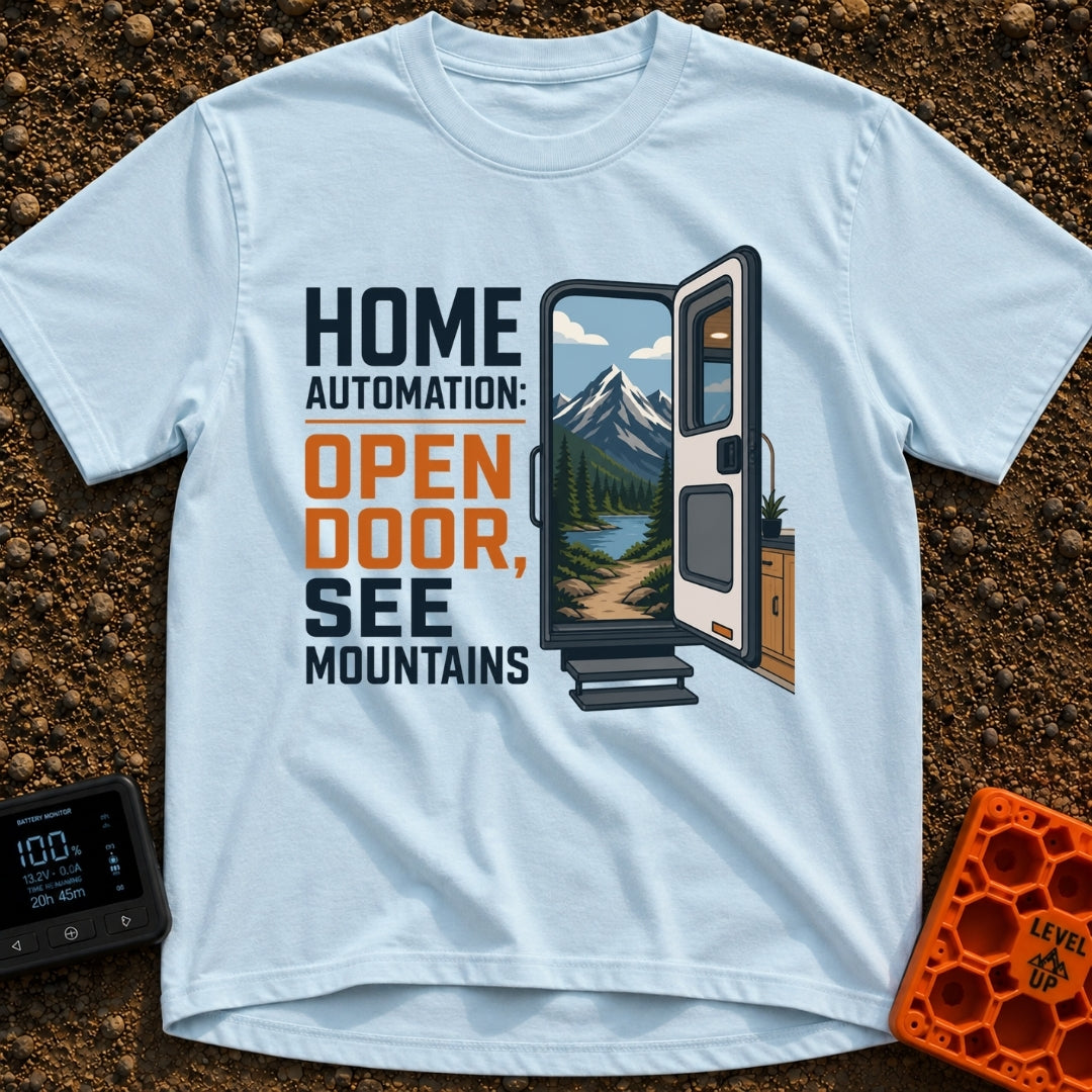 Analog Home Automation - T-Shirt in Chambray - The design features the text "HOME AUTOMATION: OPEN DOOR, SEE MOUNTAINS"...