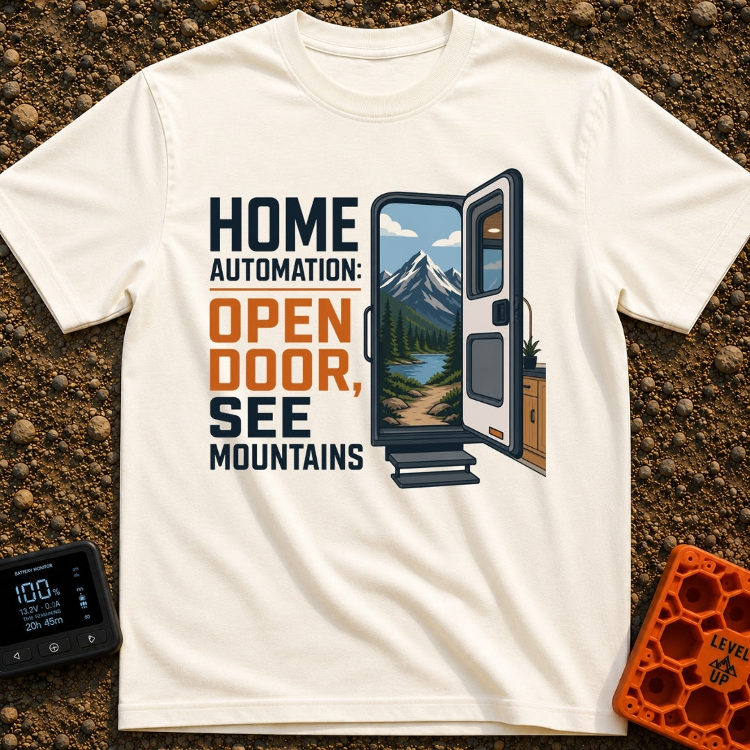 Analog Home Automation - T-Shirt in Ivory - The design features the text "HOME AUTOMATION: OPEN DOOR, SEE MOUNTAINS" next...