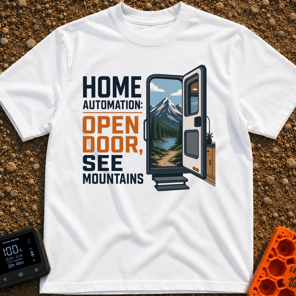 Analog Home Automation - T-Shirt in White - The design features the text "HOME AUTOMATION: OPEN DOOR, SEE MOUNTAINS" next...