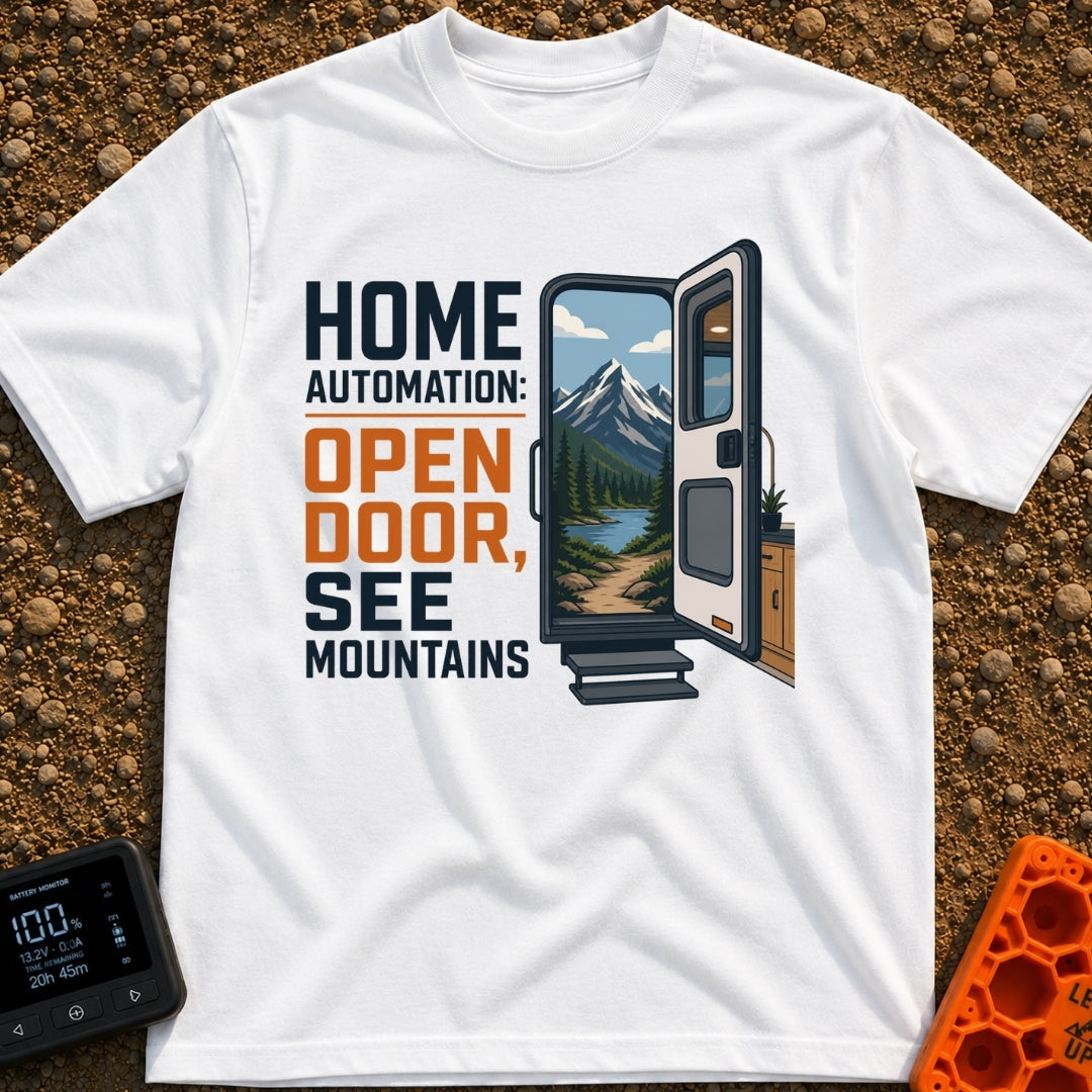 Analog Home Automation - T-Shirt in White - The design features the text "HOME AUTOMATION: OPEN DOOR, SEE MOUNTAINS" next...