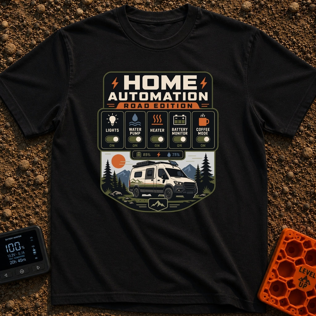 Mobile Home Automation - T-Shirt in Black - A graphic styled like a smart home app interface titled 'HOME AUTOMATION ROAD...