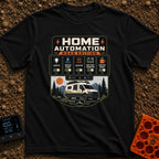 Mobile Home Automation - T-Shirt in Black - A graphic styled like a smart home app interface titled 'HOME AUTOMATION ROAD...
