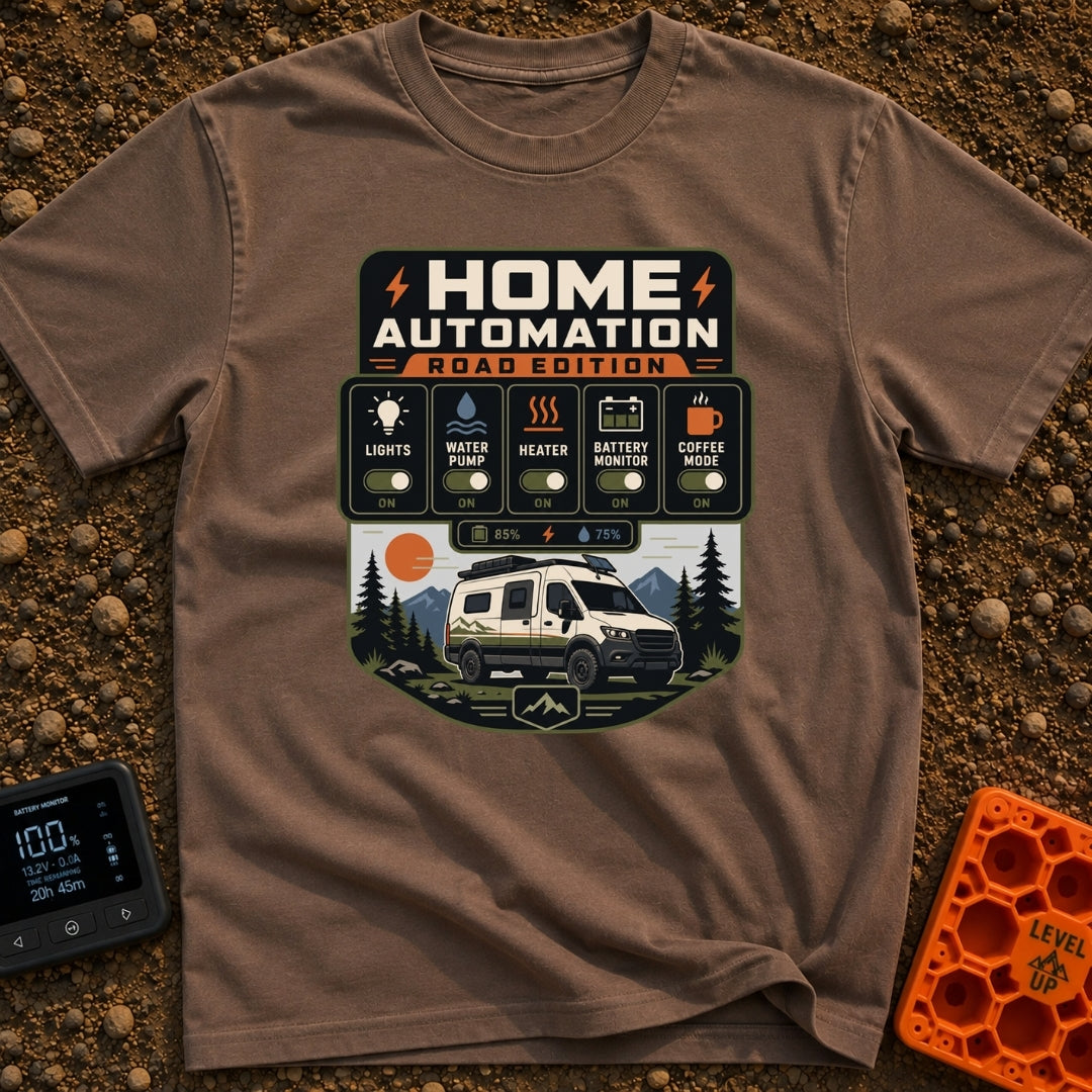 Mobile Home Automation - T-Shirt in Espresso - A graphic styled like a smart home app interface titled 'HOME AUTOMATION...