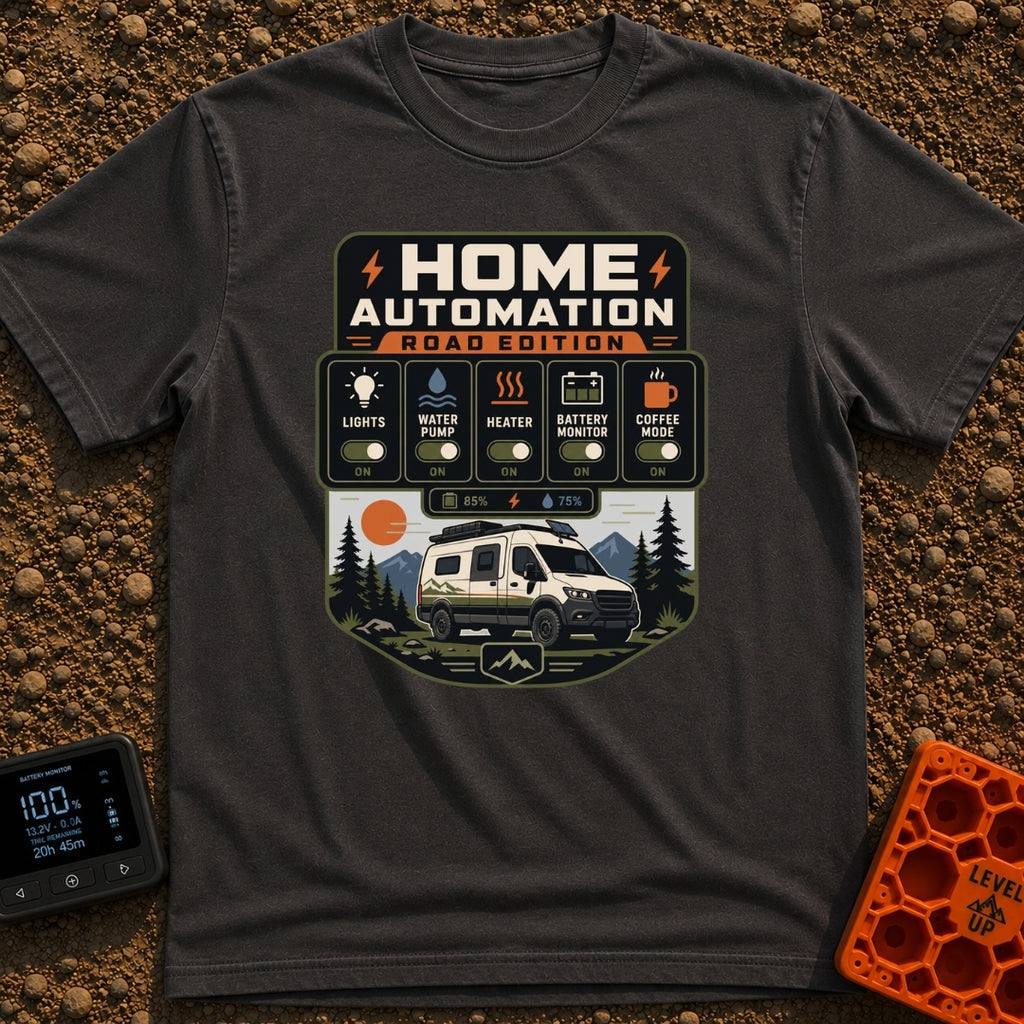 Mobile Home Automation - T-Shirt in Graphite - A graphic styled like a smart home app interface titled 'HOME AUTOMATION...
