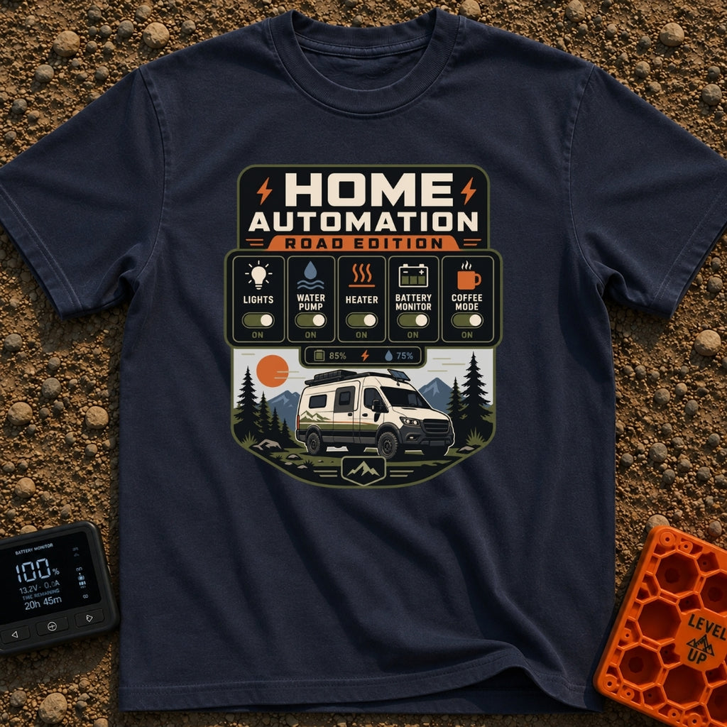 Mobile Home Automation - T-Shirt in Navy - A graphic styled like a smart home app interface titled 'HOME AUTOMATION ROAD...