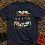 Mobile Home Automation - T-Shirt in Navy - A graphic styled like a smart home app interface titled 'HOME AUTOMATION ROAD...