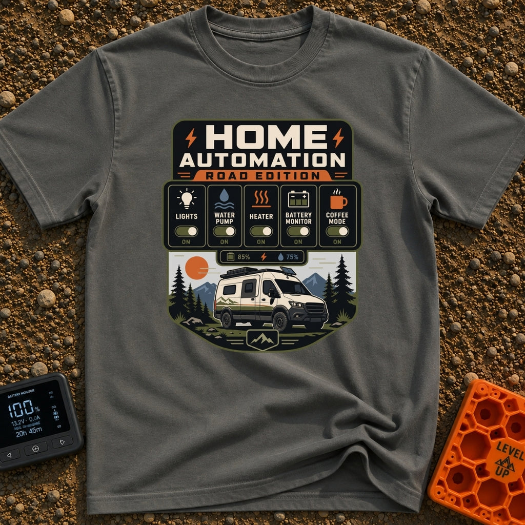 Mobile Home Automation - T-Shirt in Pepper - A graphic styled like a smart home app interface titled 'HOME AUTOMATION...