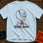 Mobile Home Base - T-Shirt in Chambray - A line-art illustration of a camper van driving along a winding dirt road that...