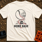 Mobile Home Base - T-Shirt in Ivory - A line-art illustration of a camper van driving along a winding dirt road that...