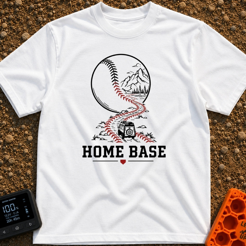 Mobile Home Base - T-Shirt in White - A line-art illustration of a camper van driving along a winding dirt road that...