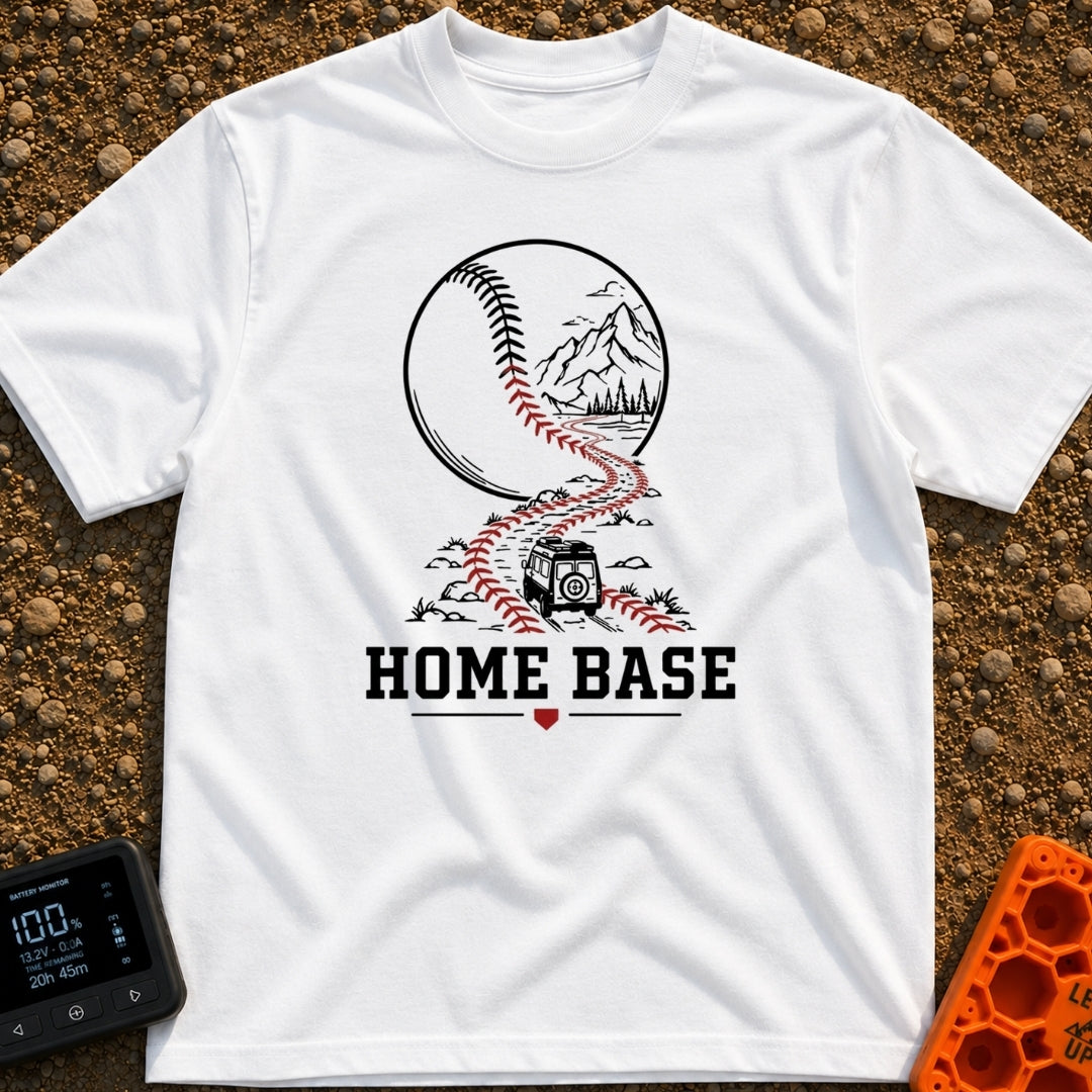 Mobile Home Base - T-Shirt in White - A line-art illustration of a camper van driving along a winding dirt road that...