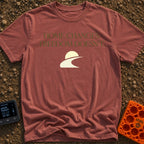 Home Moves Freedom Stays - T-Shirt in Brick - Text reading "HOME CHANGES. FREEDOM DOESN'T." in olive green serif font...