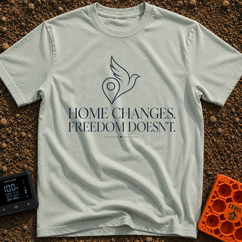 Same Freedom New Views - T-Shirt in Bay - A minimalist line-art graphic of a map location pin merging into the wing and...