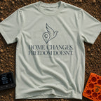 Same Freedom New Views - T-Shirt in Bay - A minimalist line-art graphic of a map location pin merging into the wing and...