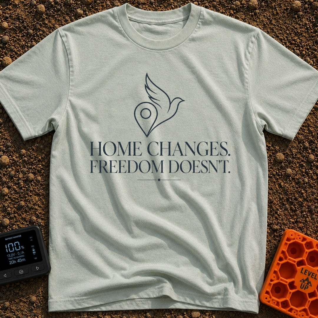 Same Freedom New Views - T-Shirt in Bay - A minimalist line-art graphic of a map location pin merging into the wing and...