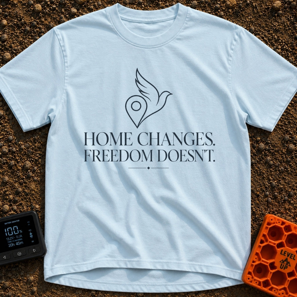 Same Freedom New Views - T-Shirt in Chambray - A minimalist line-art graphic of a map location pin merging into the wing...
