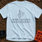 Same Freedom New Views - T-Shirt in Chambray - A minimalist line-art graphic of a map location pin merging into the wing...