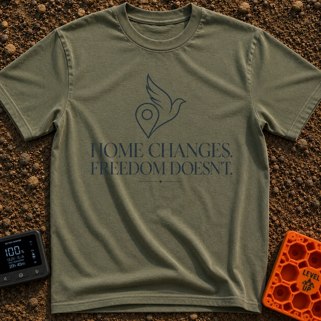 Same Freedom New Views - T-Shirt in Moss - A minimalist line-art graphic of a map location pin merging into the wing and...