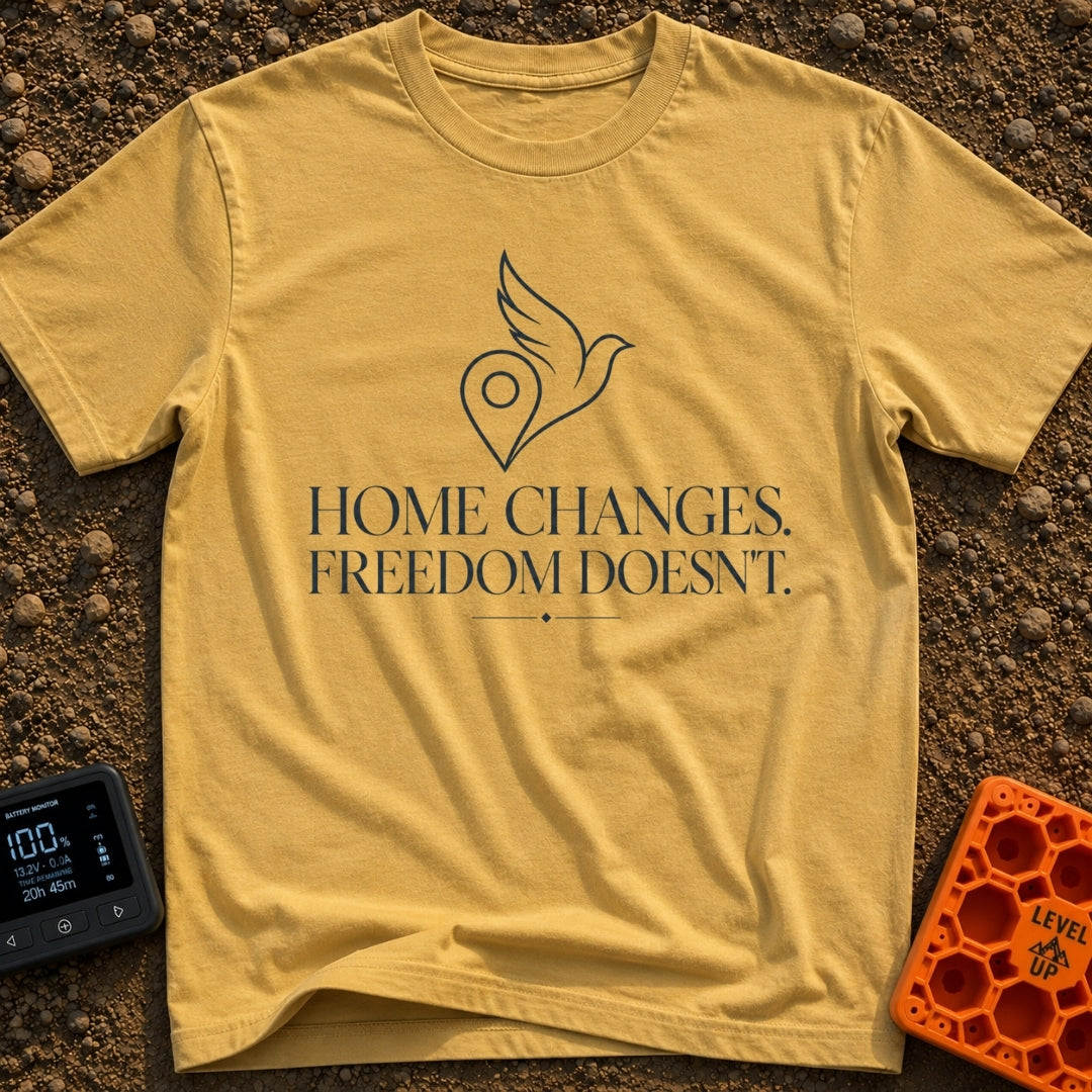Same Freedom New Views - T-Shirt in Mustard - A minimalist line-art graphic of a map location pin merging into the wing...