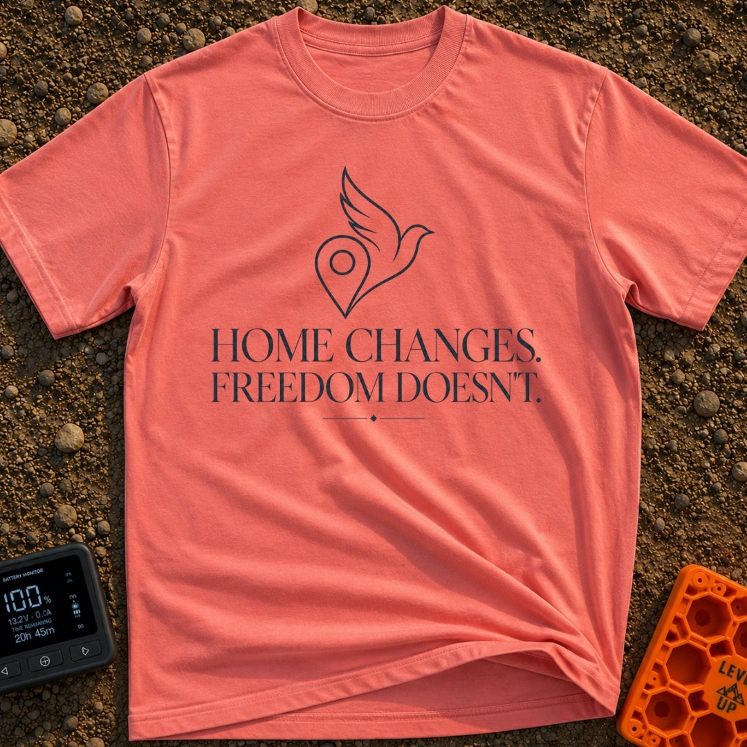 Same Freedom New Views - T-Shirt in Watermelon - A minimalist line-art graphic of a map location pin merging into the...