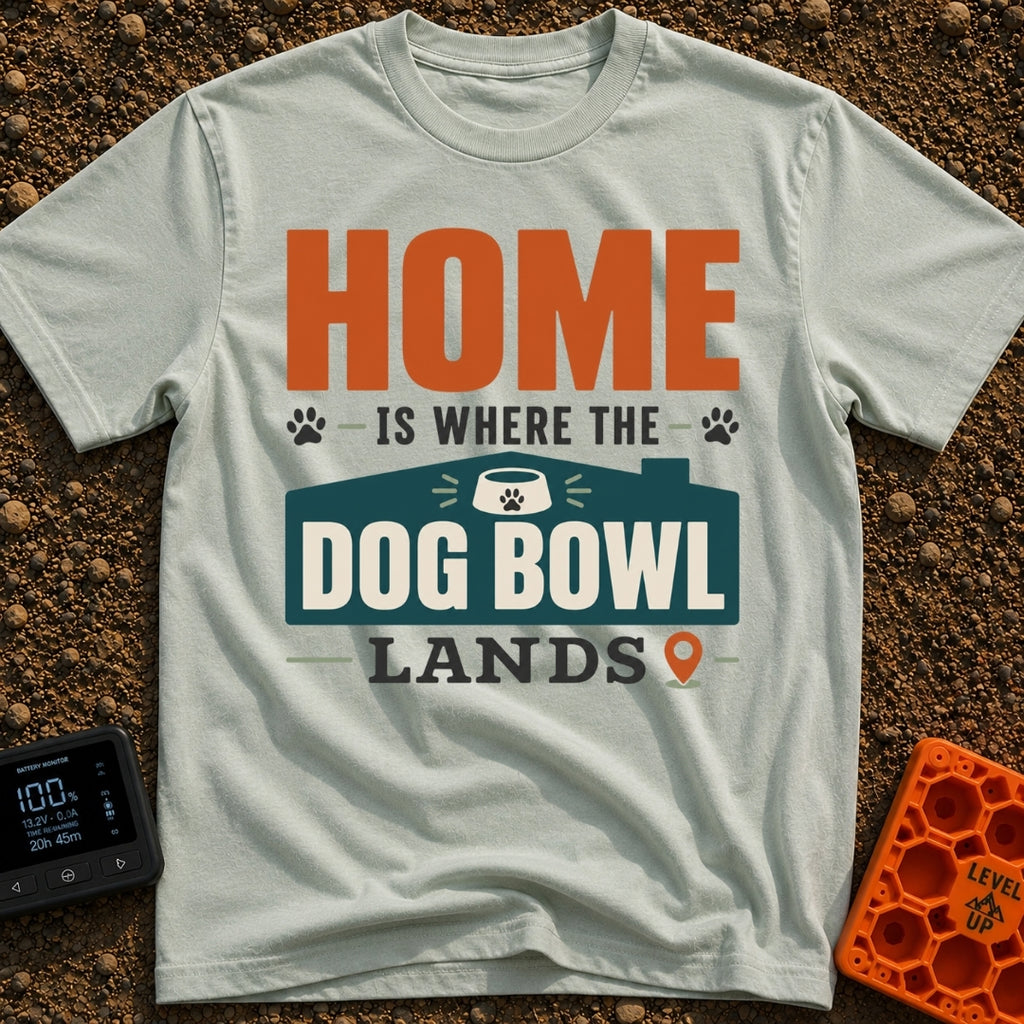 Where Dog Bowl Lands - T-Shirt in Bay - Typographic design reading "HOME IS WHERE THE DOG BOWL LANDS" featuring graphic...