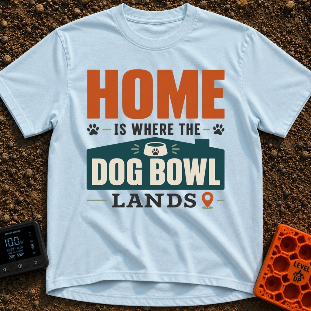 Where Dog Bowl Lands - T-Shirt in Chambray - Typographic design reading "HOME IS WHERE THE DOG BOWL LANDS" featuring...
