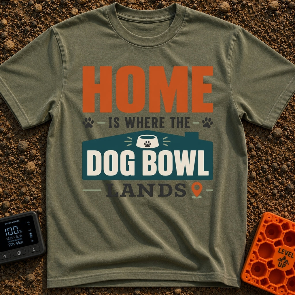 Where Dog Bowl Lands - T-Shirt in Moss - Typographic design reading "HOME IS WHERE THE DOG BOWL LANDS" featuring graphic...