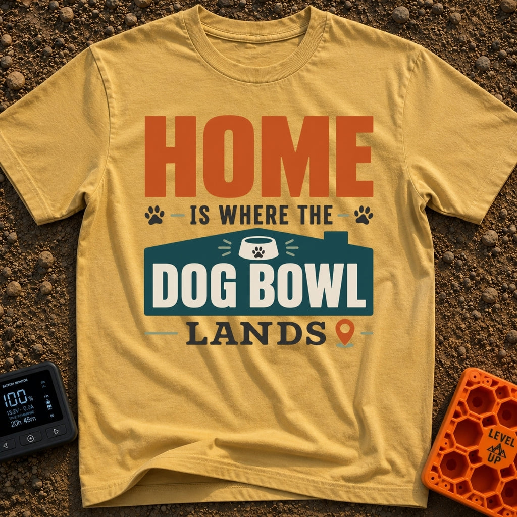 Where Dog Bowl Lands - T-Shirt in Mustard - Typographic design reading "HOME IS WHERE THE DOG BOWL LANDS" featuring...