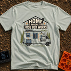 Where The Fuse Works - T-Shirt in Bay - A graphic of a camper van with an internal wiring diagram showing solar panels, a...