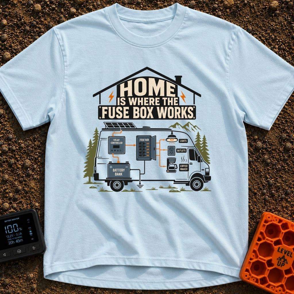 Where The Fuse Works - T-Shirt in Chambray - A graphic of a camper van with an internal wiring diagram showing solar...