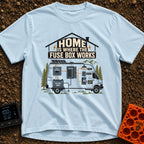 Where The Fuse Works - T-Shirt in Chambray - A graphic of a camper van with an internal wiring diagram showing solar...
