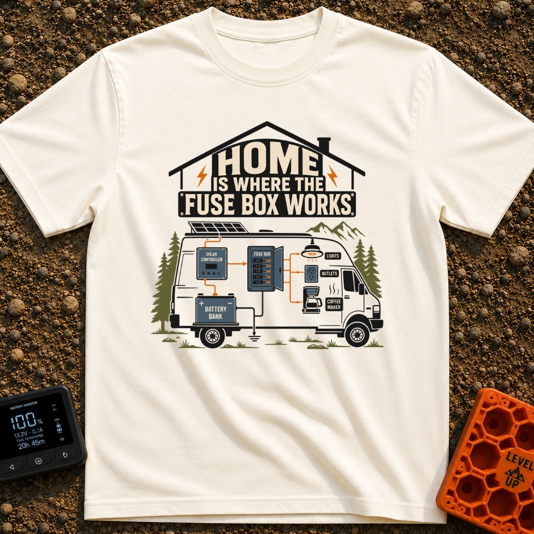 Where The Fuse Works - T-Shirt in Ivory - A graphic of a camper van with an internal wiring diagram showing solar panels,...